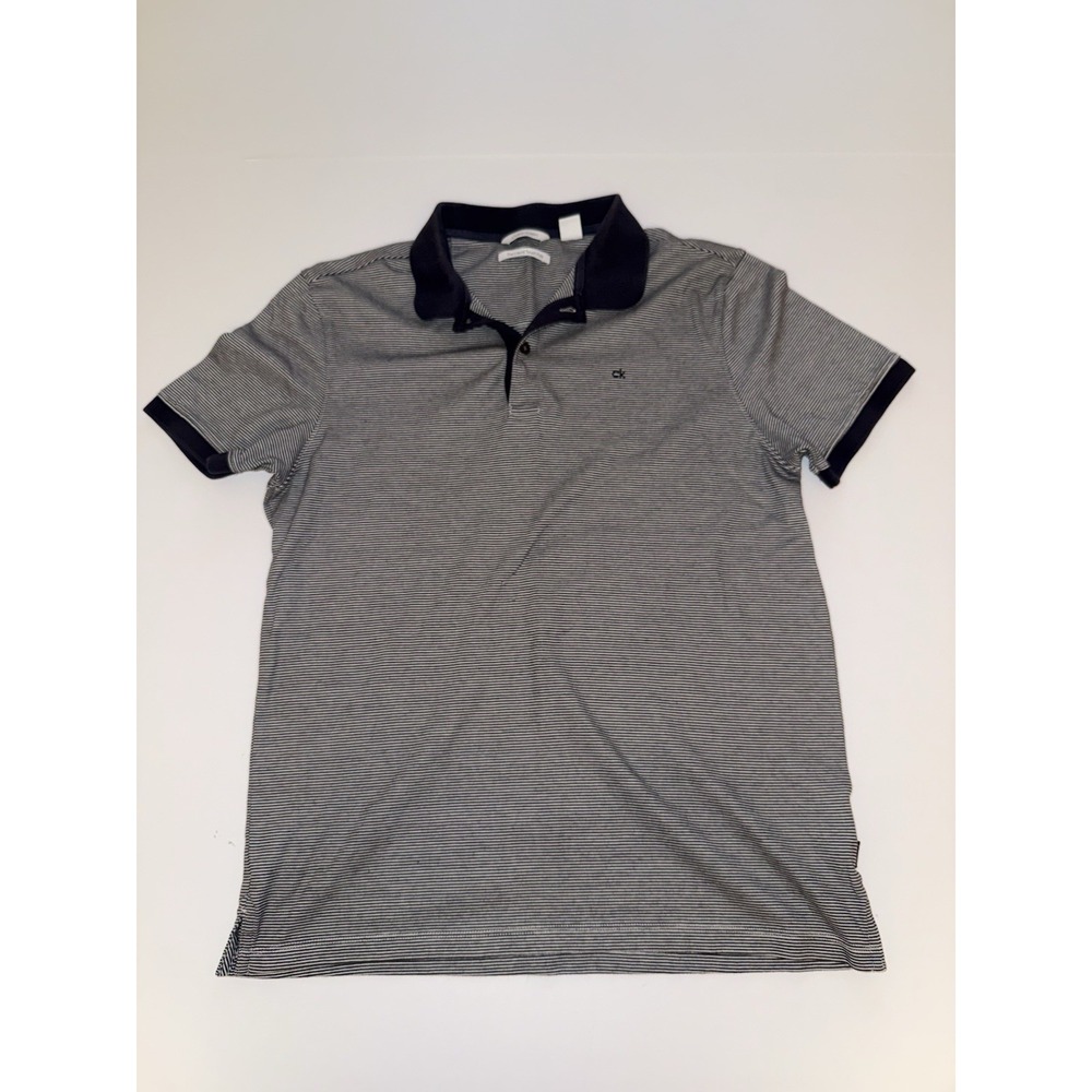Calvin Klein Men Small Polo Shirt Navy White Striped Liquid Touch Cotton Preppy